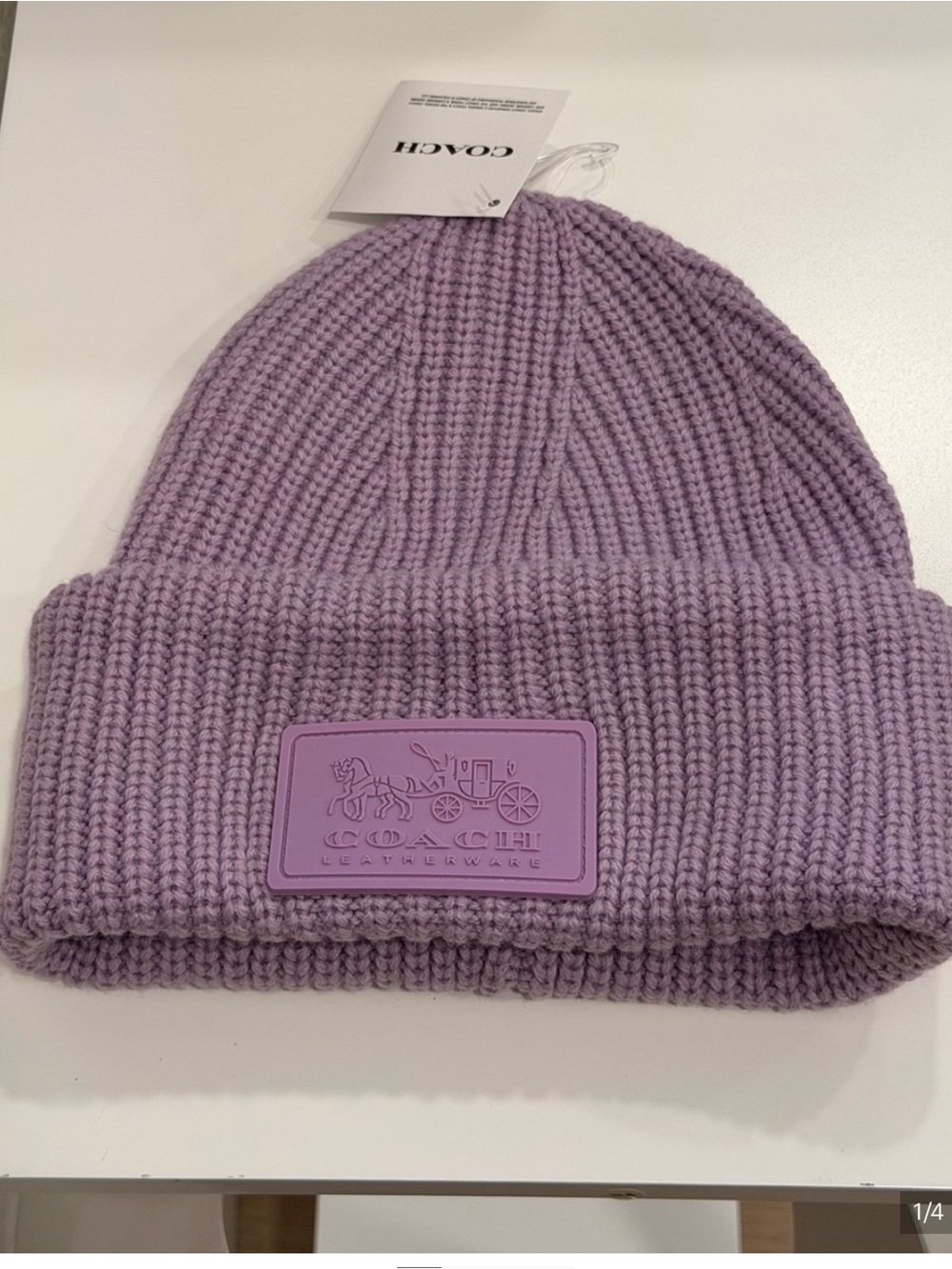 Coach Lavender Ribbed Knit Beanie Hat Tonal Logo Patch NWT
